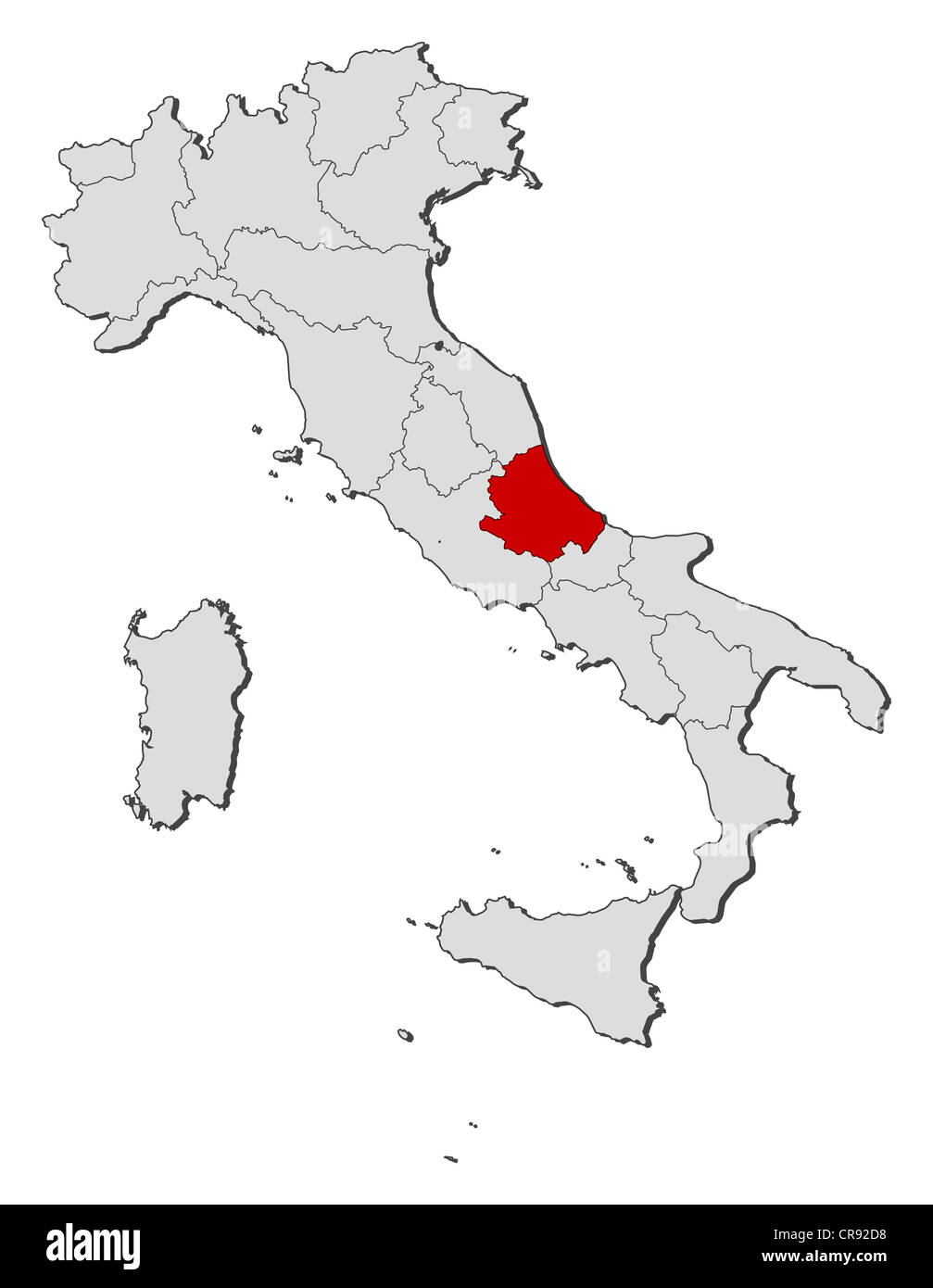 Political map of Italy with the several regions where Abruzzo is highlighted. Stock Photo