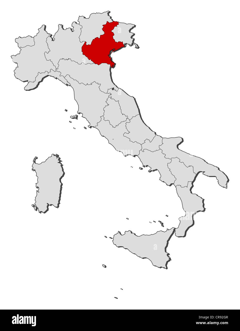 Political map of Italy with the several regions where Veneto is highlighted. Stock Photo
