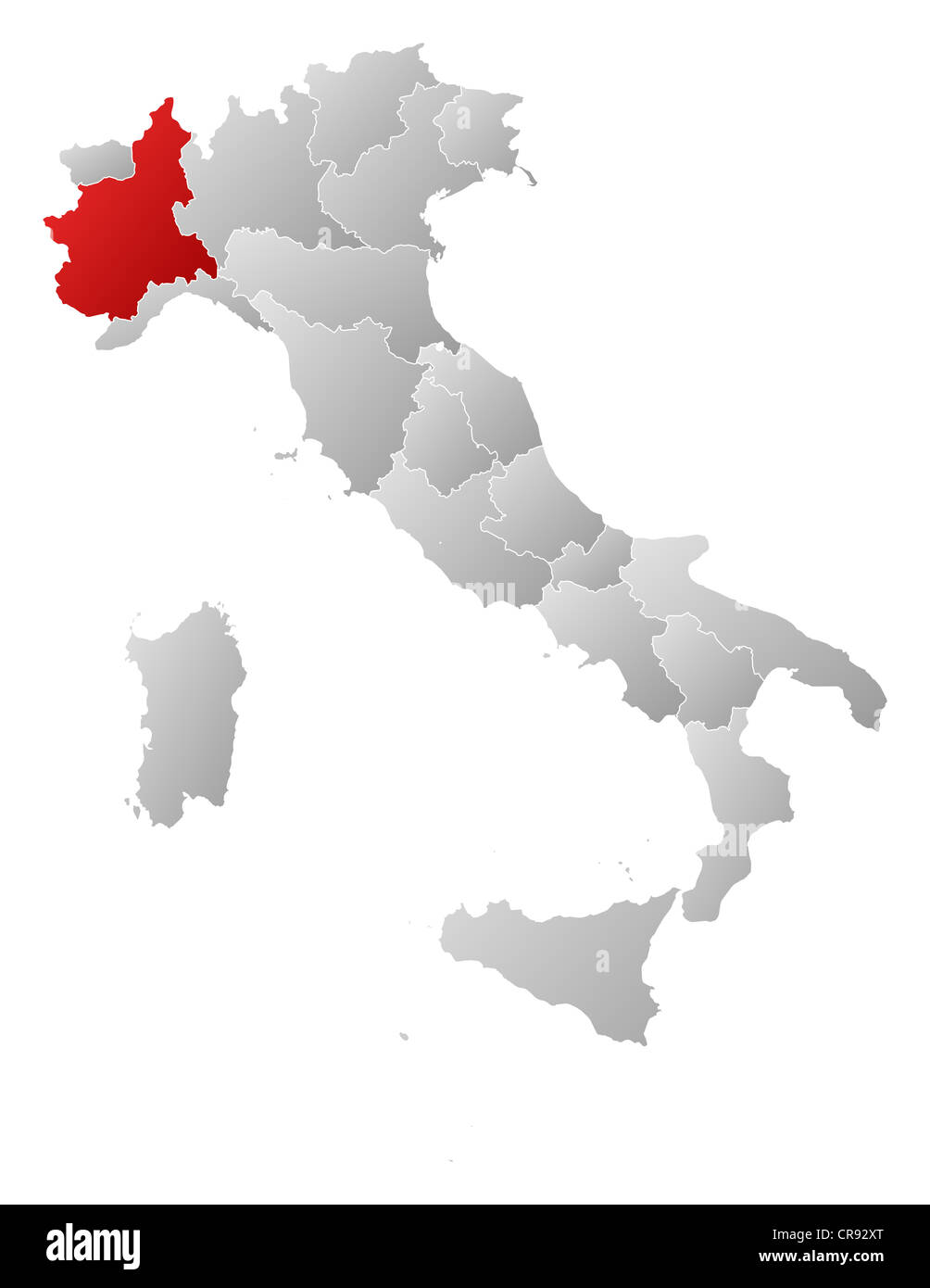 Political map of Italy with the several regions where Piemont is highlighted. Stock Photo