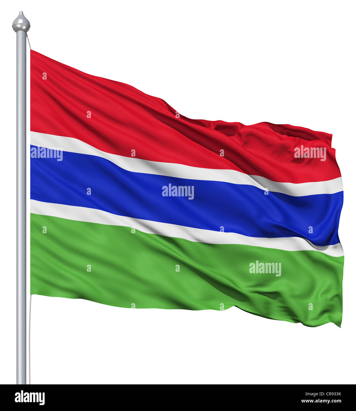 Flag of Gambia with flagpole waving in the wind against white ...