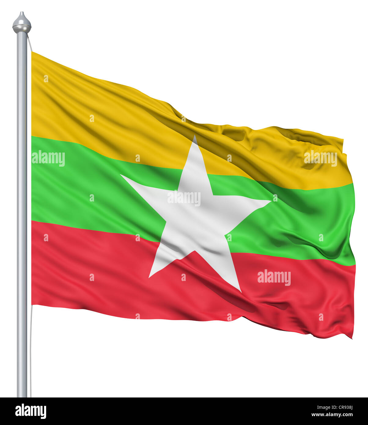 Flag of Myanmar with flagpole waving in the wind against white ...