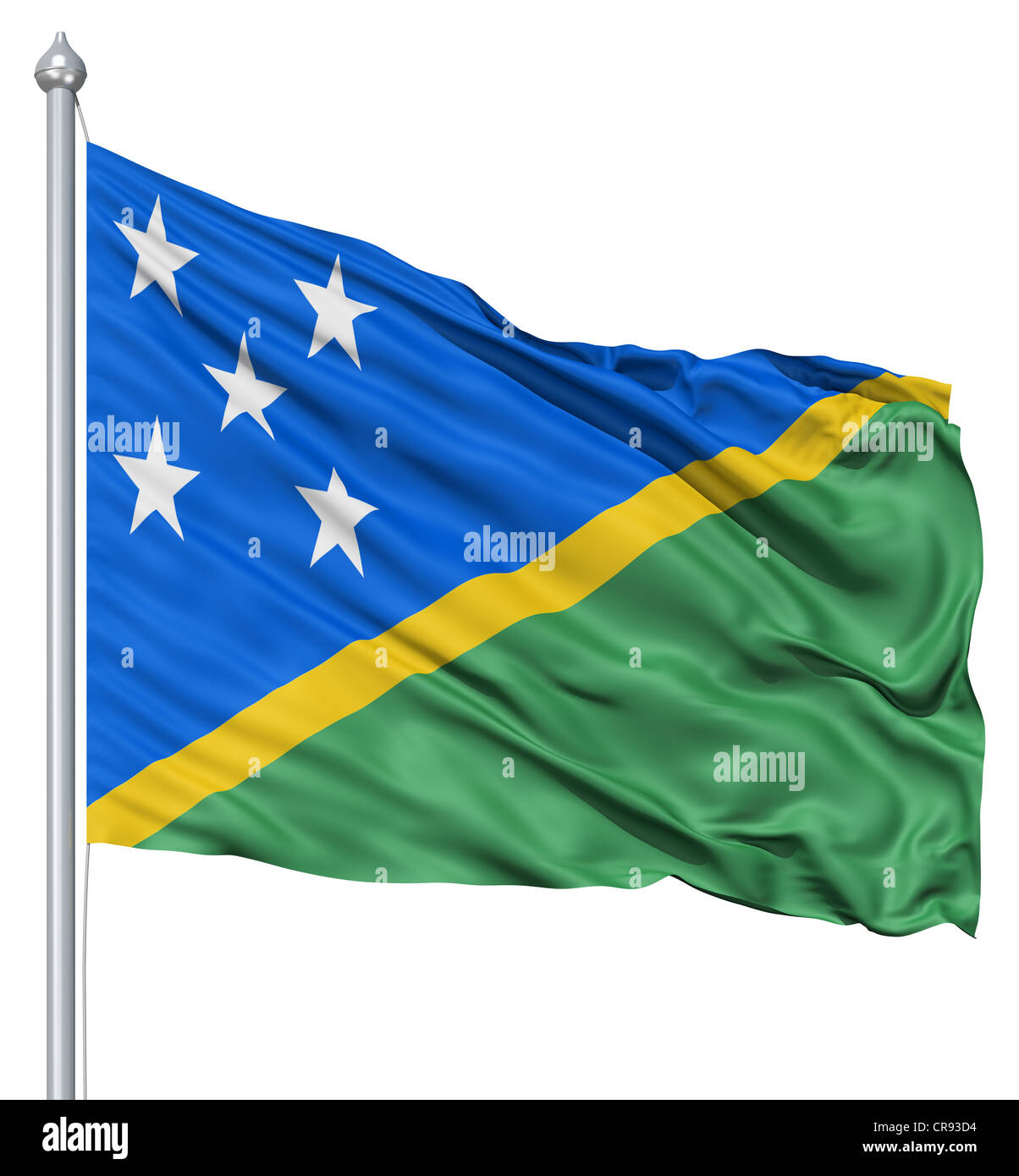 Flag of Solomon Islands with flagpole waving in the wind against white ...