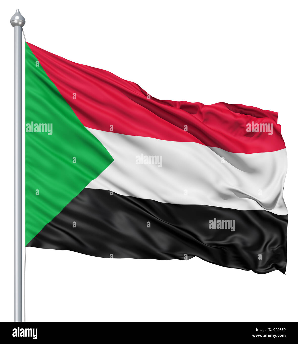 Flag of Sudan with flagpole waving in the wind against white background ...