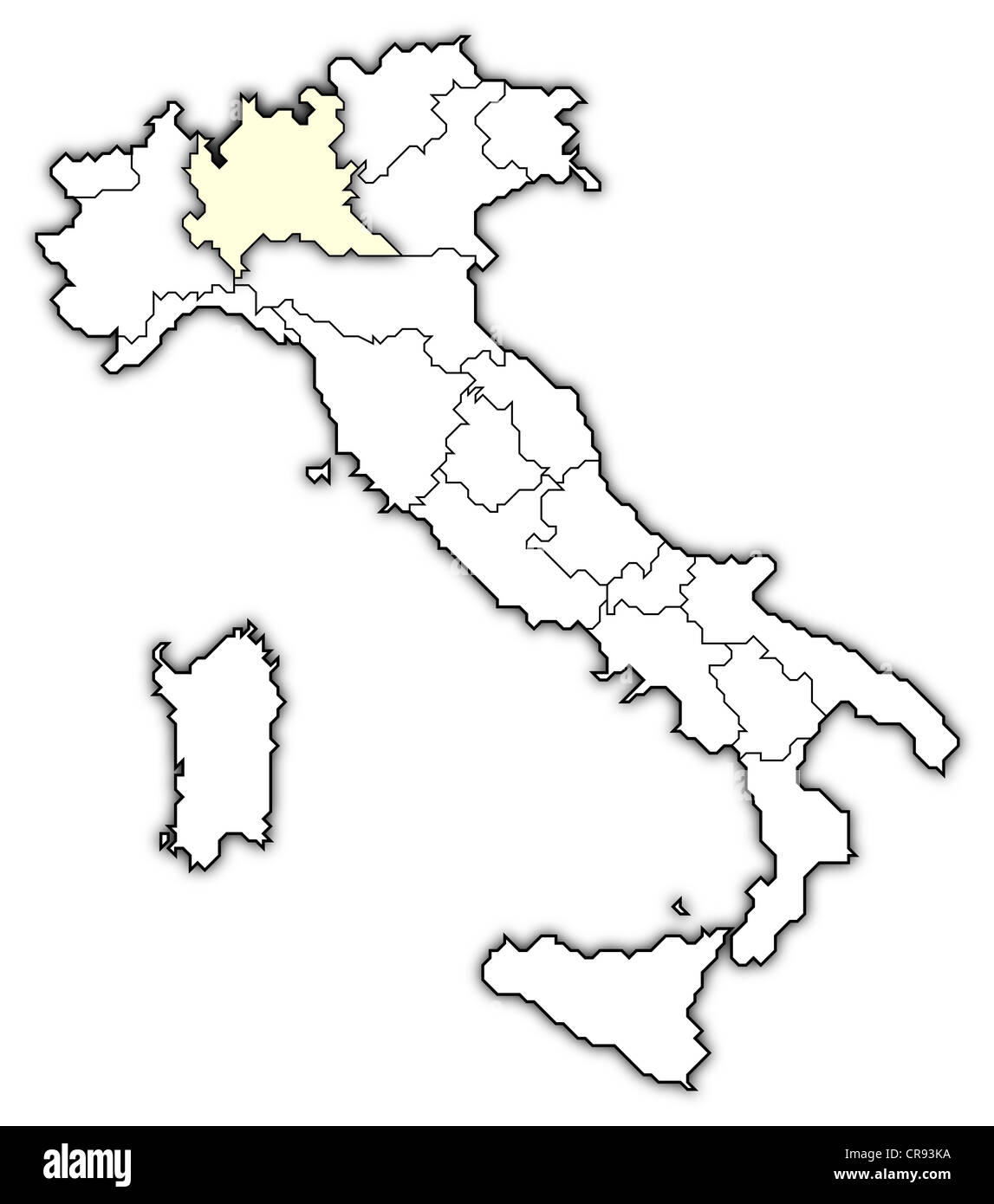 Political map of Italy with the several regions where Lombardy is highlighted. Stock Photo