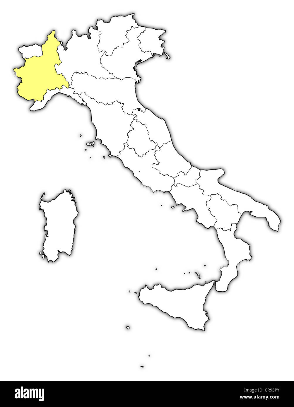 Political map of Italy with the several regions where Piemont is highlighted. Stock Photo