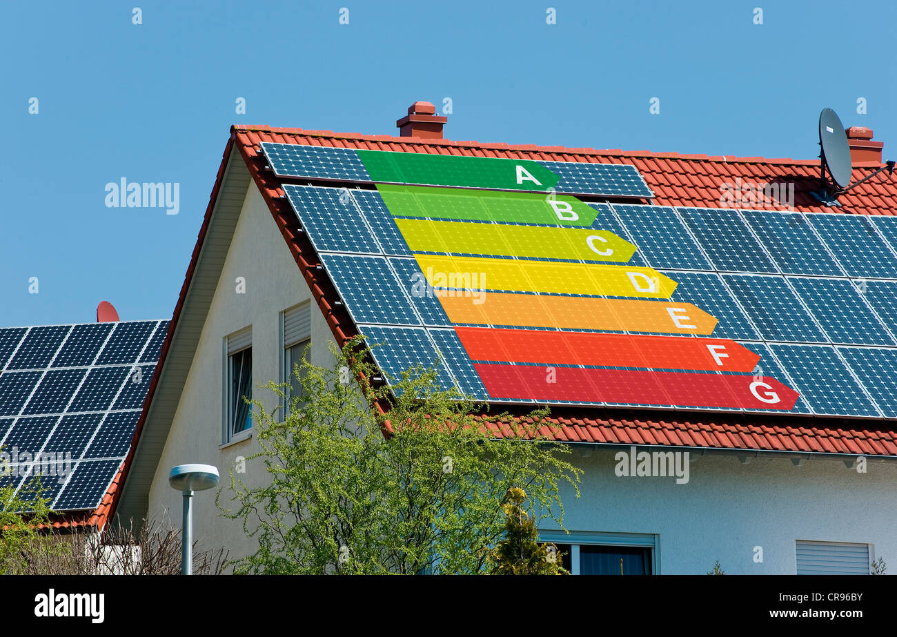 Roof with solar panels marked with the EU energy efficiency label, an indicator of the consumption of electrical devices Stock Photo