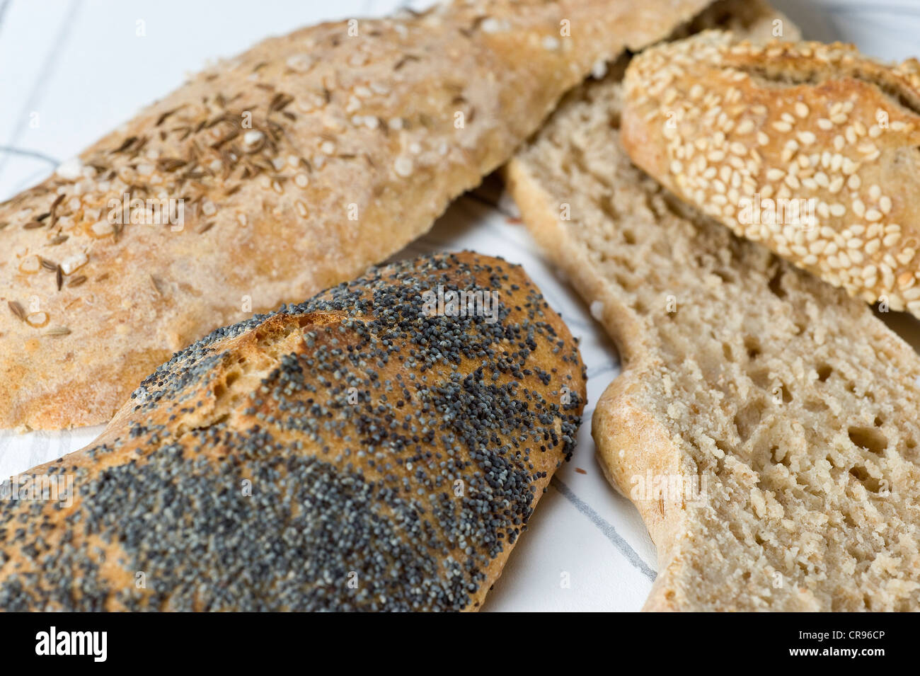 Home-baked bread rolls, sesame rolls, poppy seed rolls, Swabian bread stick, 'Soul' Stock Photo