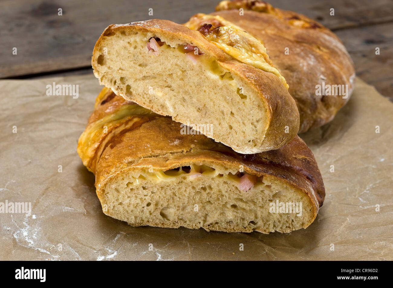 Crumb of home baked bread, Handbrot, with a filling of ham and Emmental cheese, Saxon specialty Stock Photo