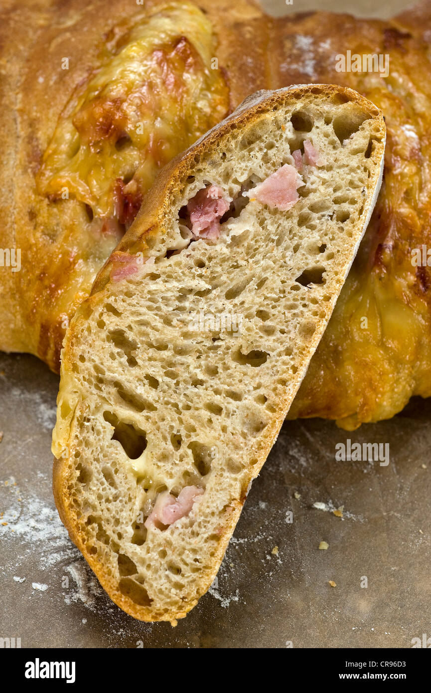 Crumb of home baked bread, Handbrot, with a filling of ham and Emmental cheese, Saxon specialty Stock Photo