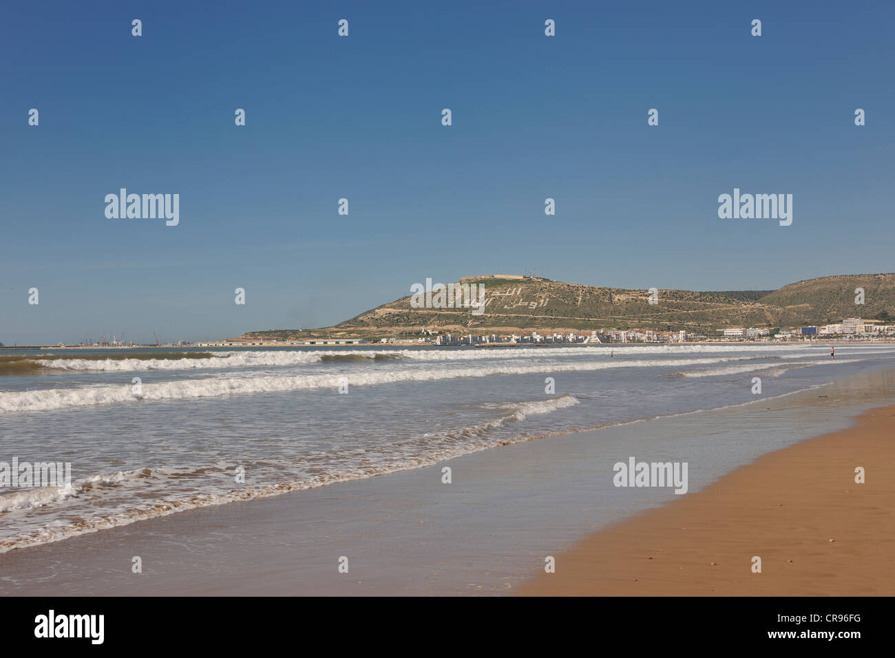 Agadir Beach, hill with the words, Allah, al-Watan, al-Malik, meaning Allah, the Homeland, the King, Morocco, Africa Stock Photo