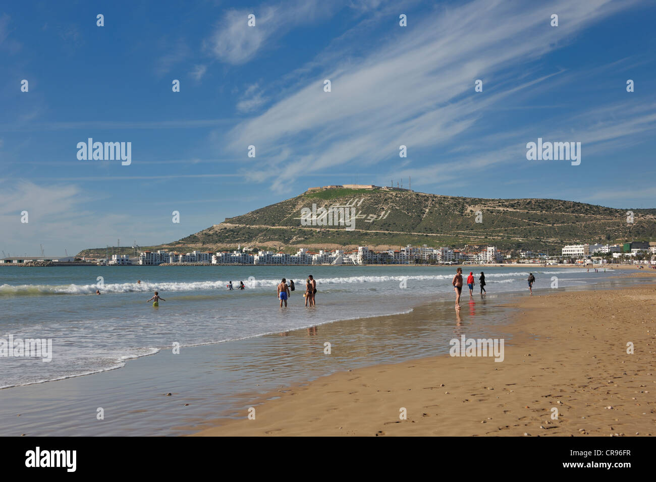 Agadir Beach, hill with the words, Allah, al-Watan, al-Malik, meaning Allah, the Homeland, the King, Morocco, Africa Stock Photo