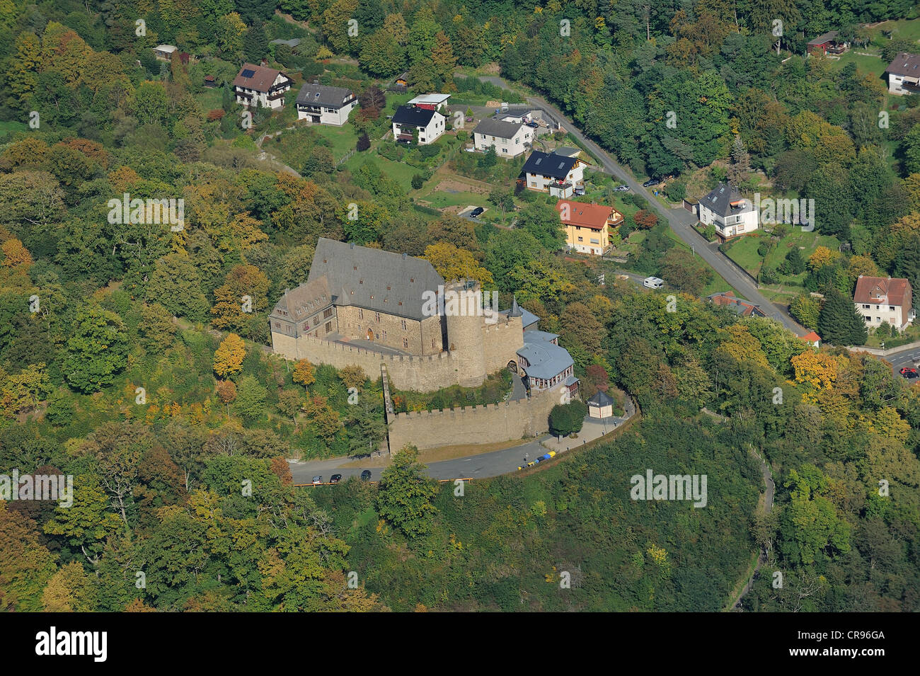 Aerial view of Schloss Biedenkopf Castle with the Hinterland Museum in Palas, bergfried, castle walls and castle terraces Stock Photo