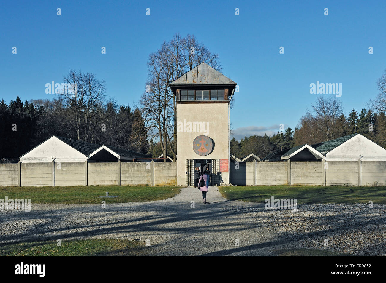 Watchtower and Kloster Karmel 'Heilig Blut', Karmel holy blood monastery, in the concentration camp grounds, Dachau near Munich Stock Photo