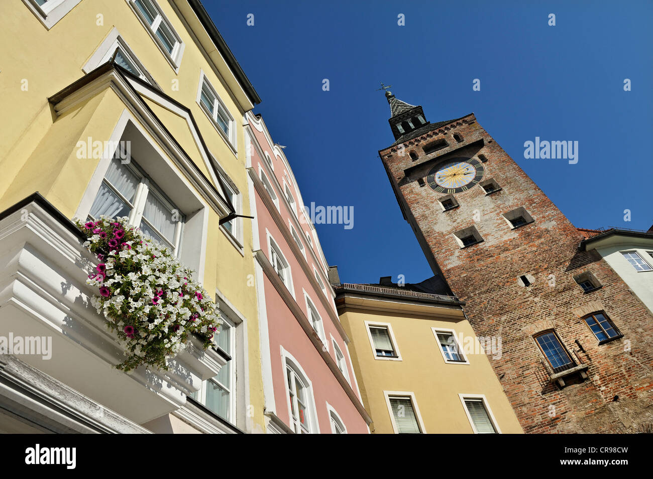 Main square with facades and Schmalzturm tower, Landsberg am Lech, Bavaria, Germany, Europe Stock Photo
