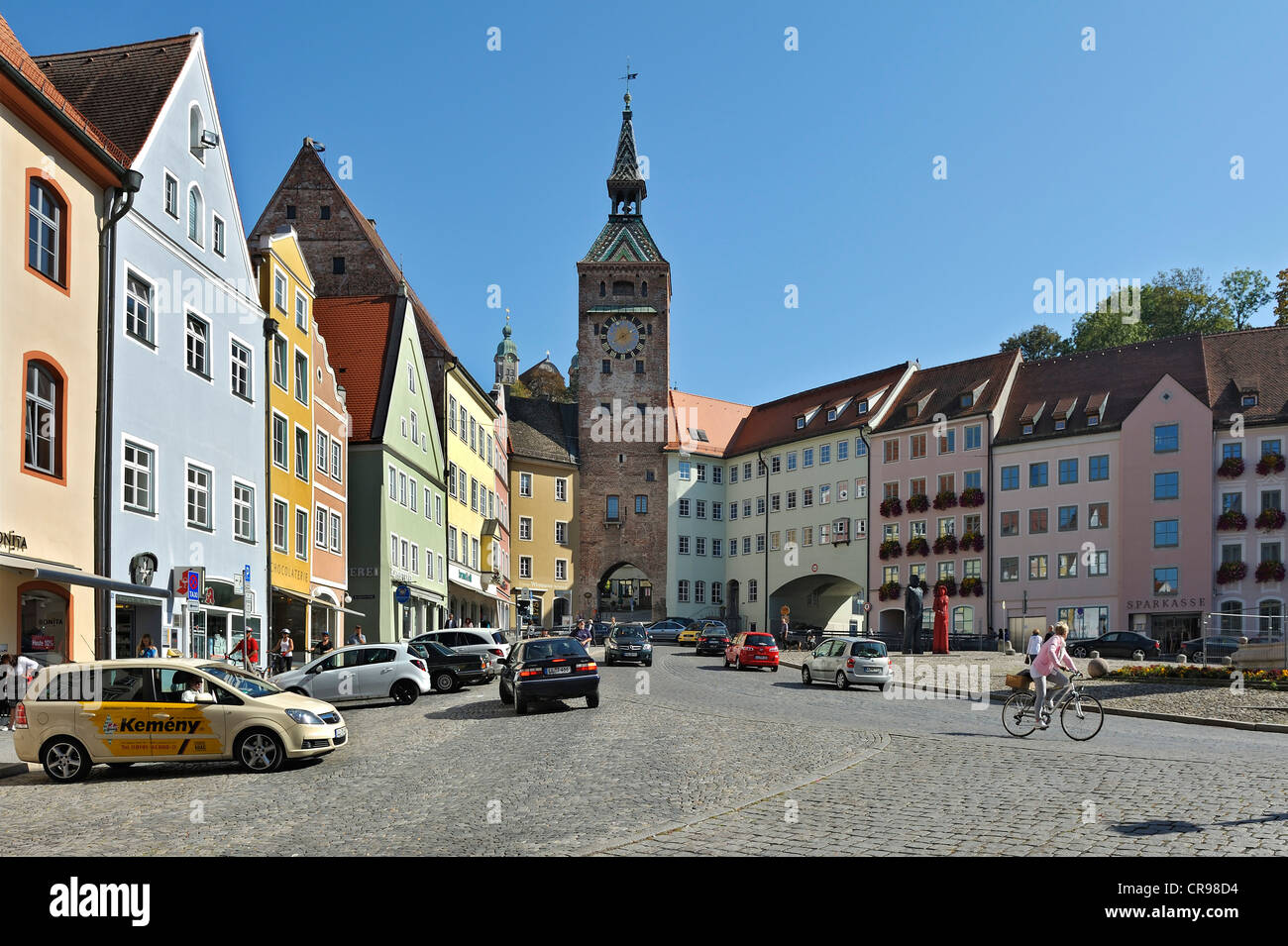 Main square with Schmalzturm tower, Landsberg am Lech, Bavaria, Germany, Europe Stock Photo