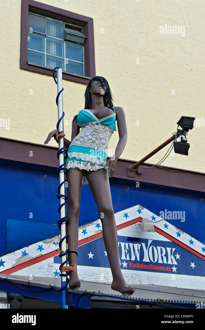 Mannequin in front of the New York Table Dance club, Kultfabrik complex