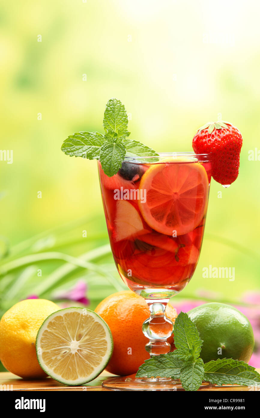 Refreshing sangria (punch) with fruits Stock Photo