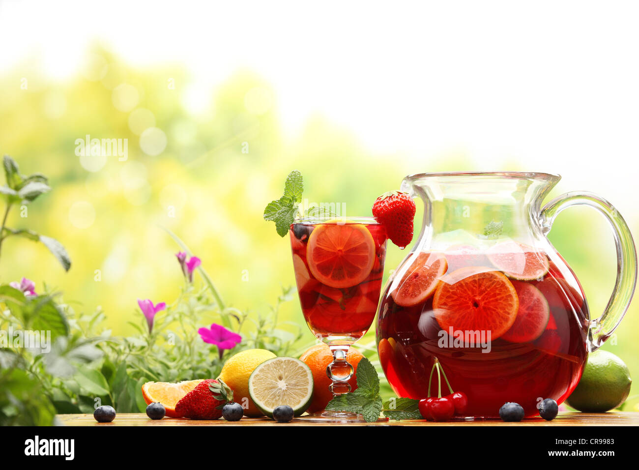 Refreshing sangria (punch) with fruits Stock Photo