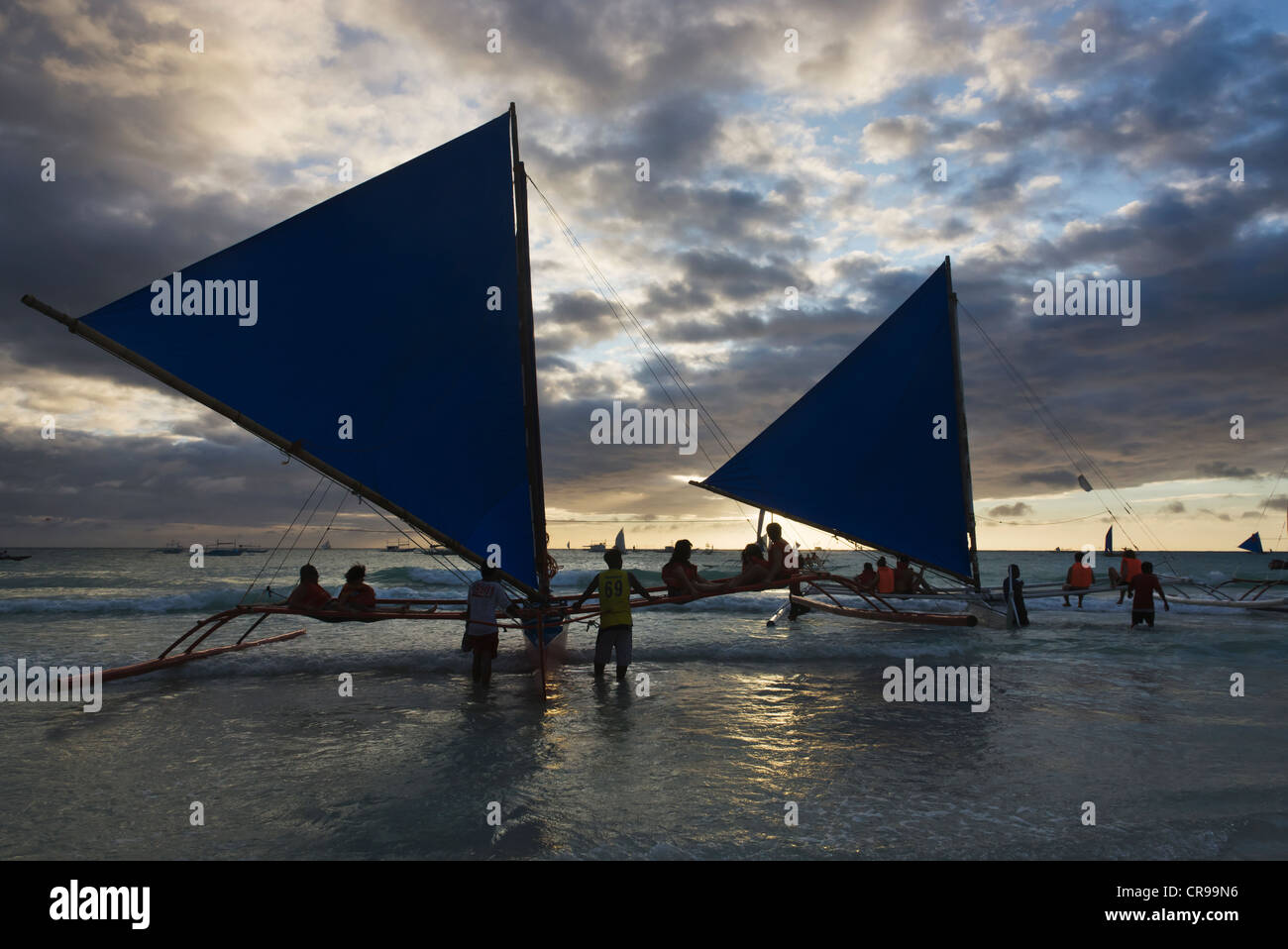 Sail boats at sunset, Boracay Island, Aklan Province, Philippines Stock Photo