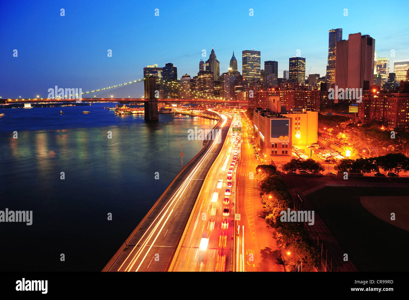 New York City Manhattan downtown skyline aerial view at dusk with ...