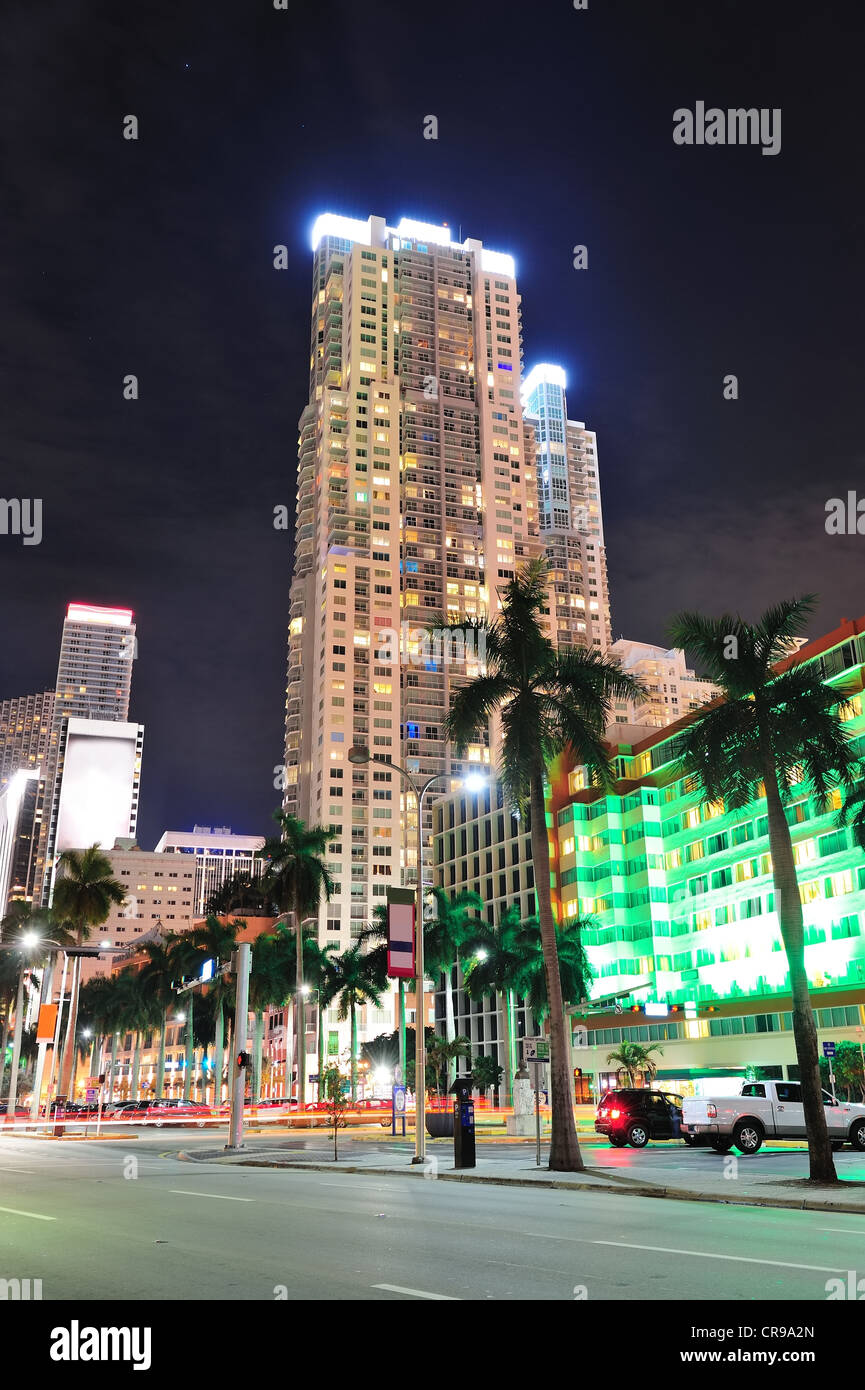 Miami Downtown Street View At Night With Hotels Stock Photo Alamy