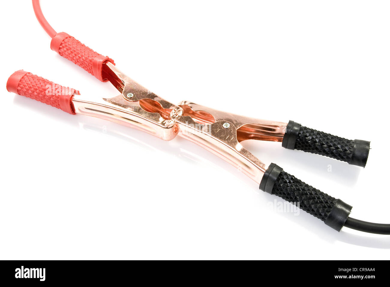 Two jumper cables engaged with their black and red clamp shot over