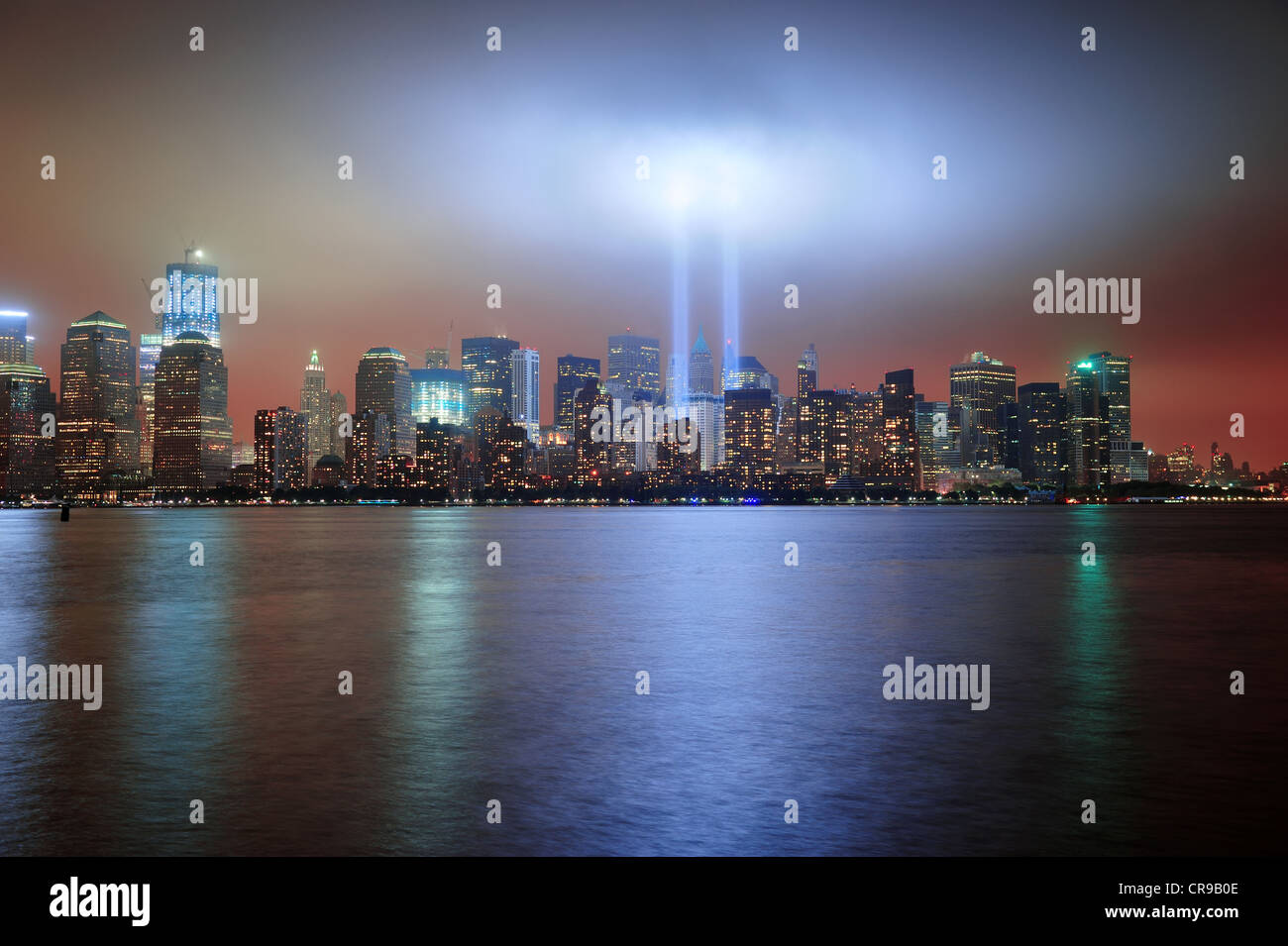 New York City Manhattan downtown skyline at night from Liberty Park ...