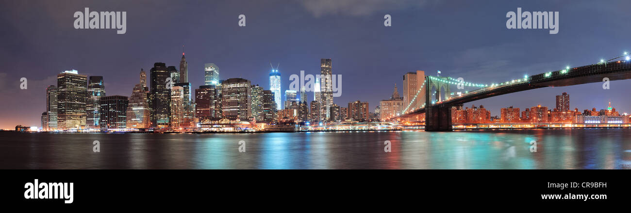 New York City Brooklyn Bridge with downtown skyline over East River ...