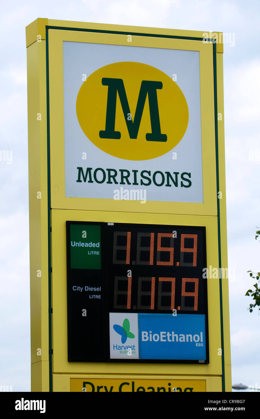 Morrisons Petrol Station Signs with prices for fuel Stock Photo Alamy