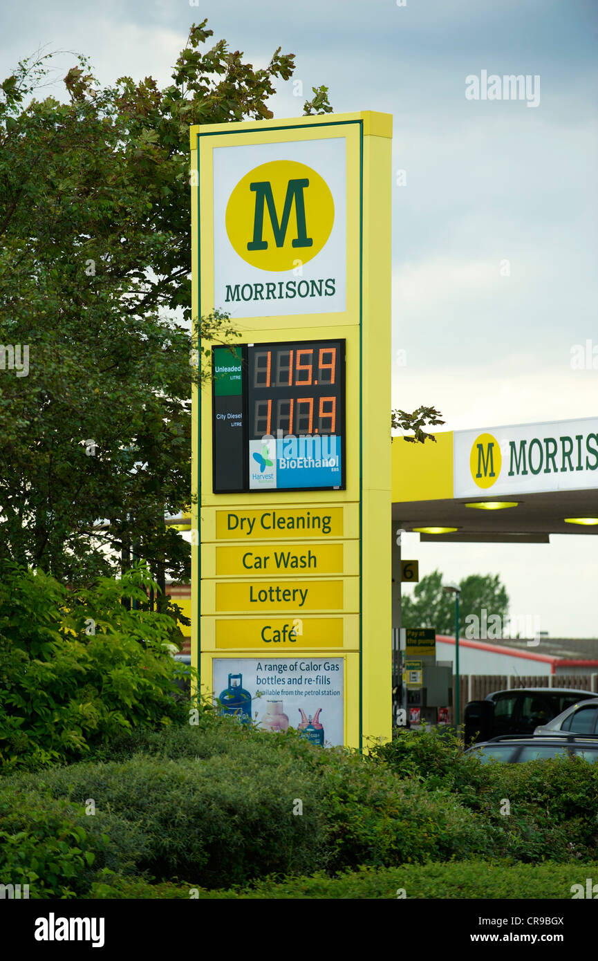 Morrisons Petrol Station Signs with prices for fuel Stock Photo Alamy