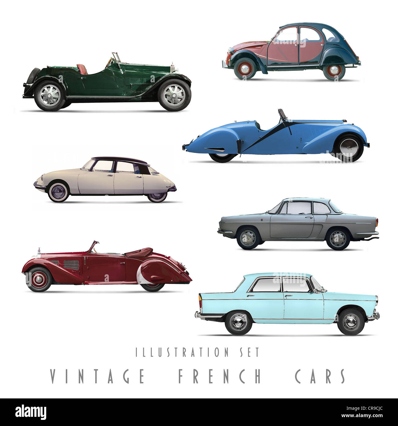 Illustration Set Vintage French cars Stock Photo