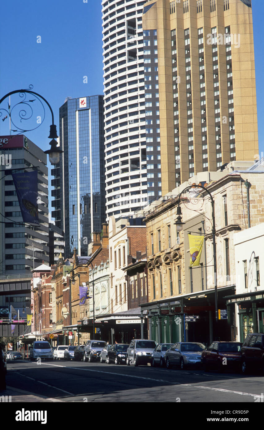 Australia, Sydney, the rocks, view of old shops along George Street showing old shop facade's and high rise buildings. Stock Photo