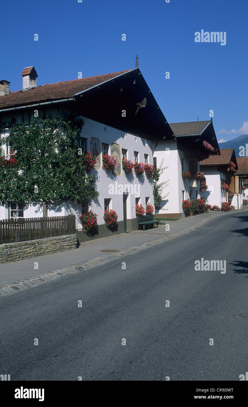 Austria, Mutters, Austrian Tirol, traditional houses with flower boxes. Stock Photo