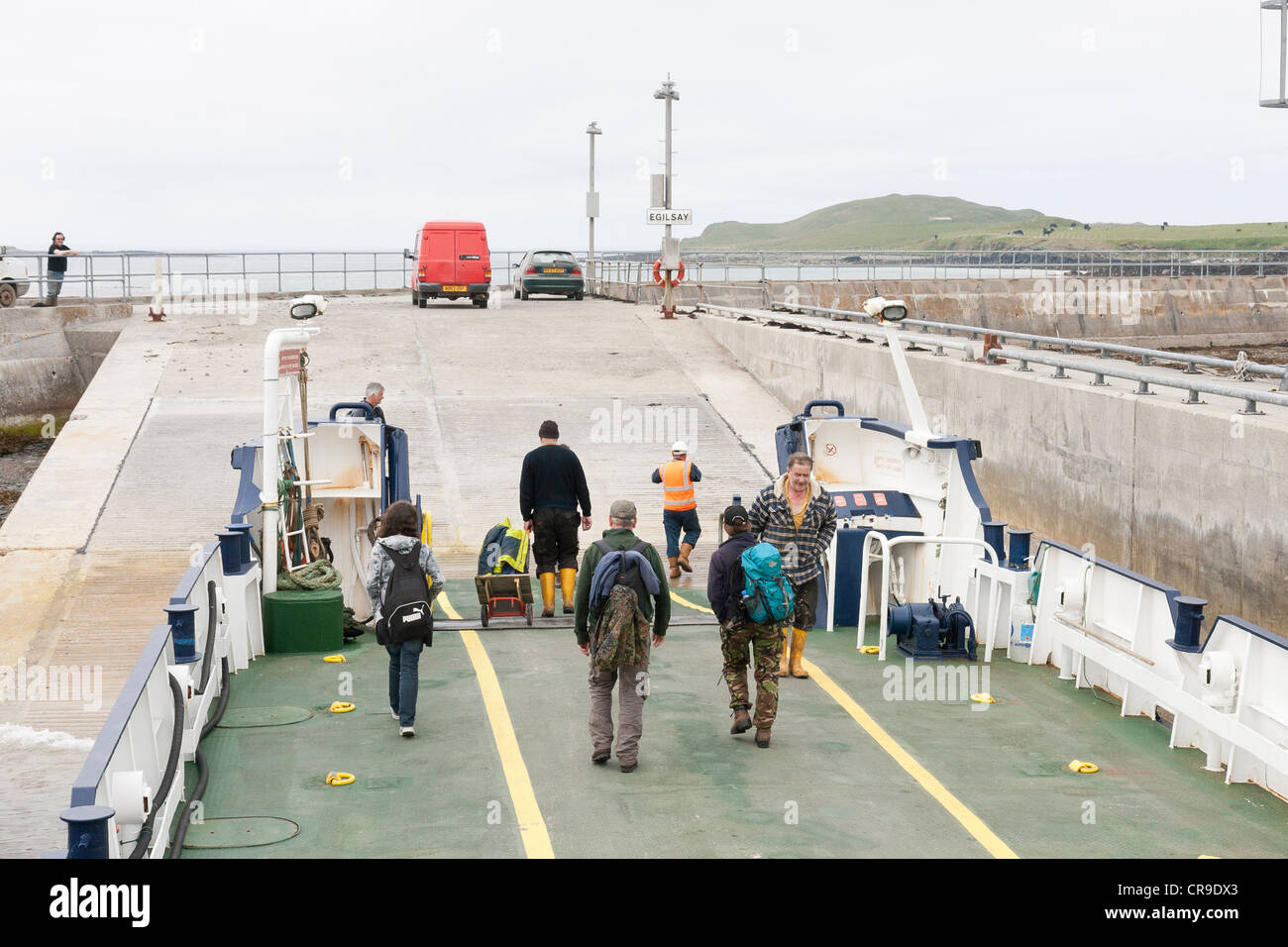 The Tingwall Rousay Ferry passengers leaving, Orkney Isles, Scotland Stock Photo