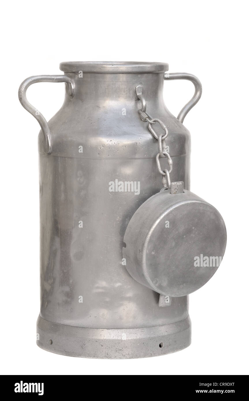 old milk can on white background Stock Photo - Alamy