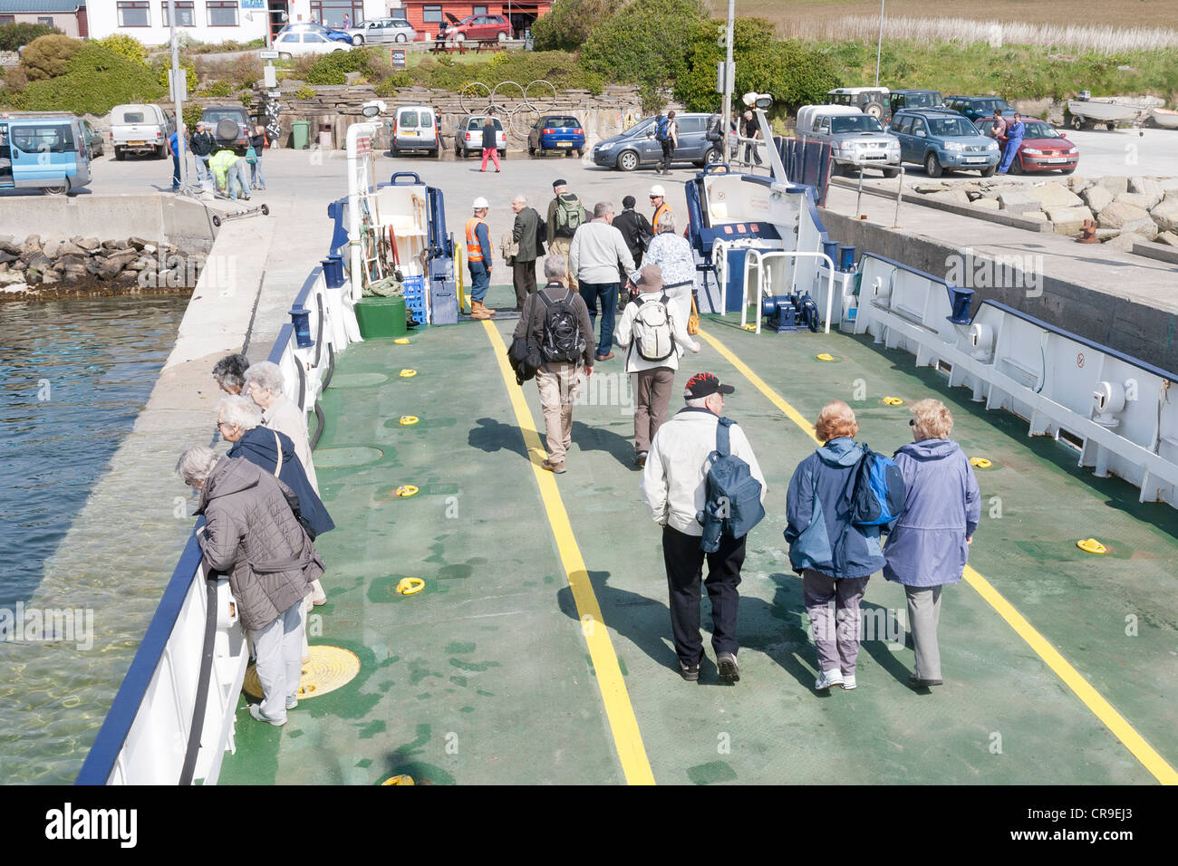 The Island of Rousay - Orkney Islands, Scotland.  Passengers and tourists leaving the ferry Stock Photo