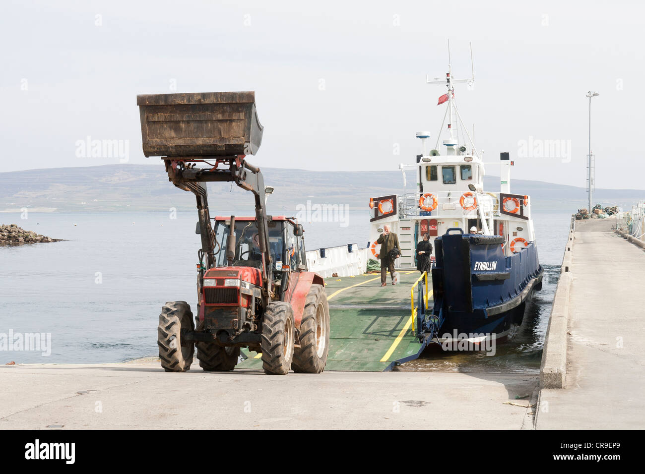 Tingwall Harbour - Orkney Isles, Scotland, a tractor leaving the ferry Stock Photo