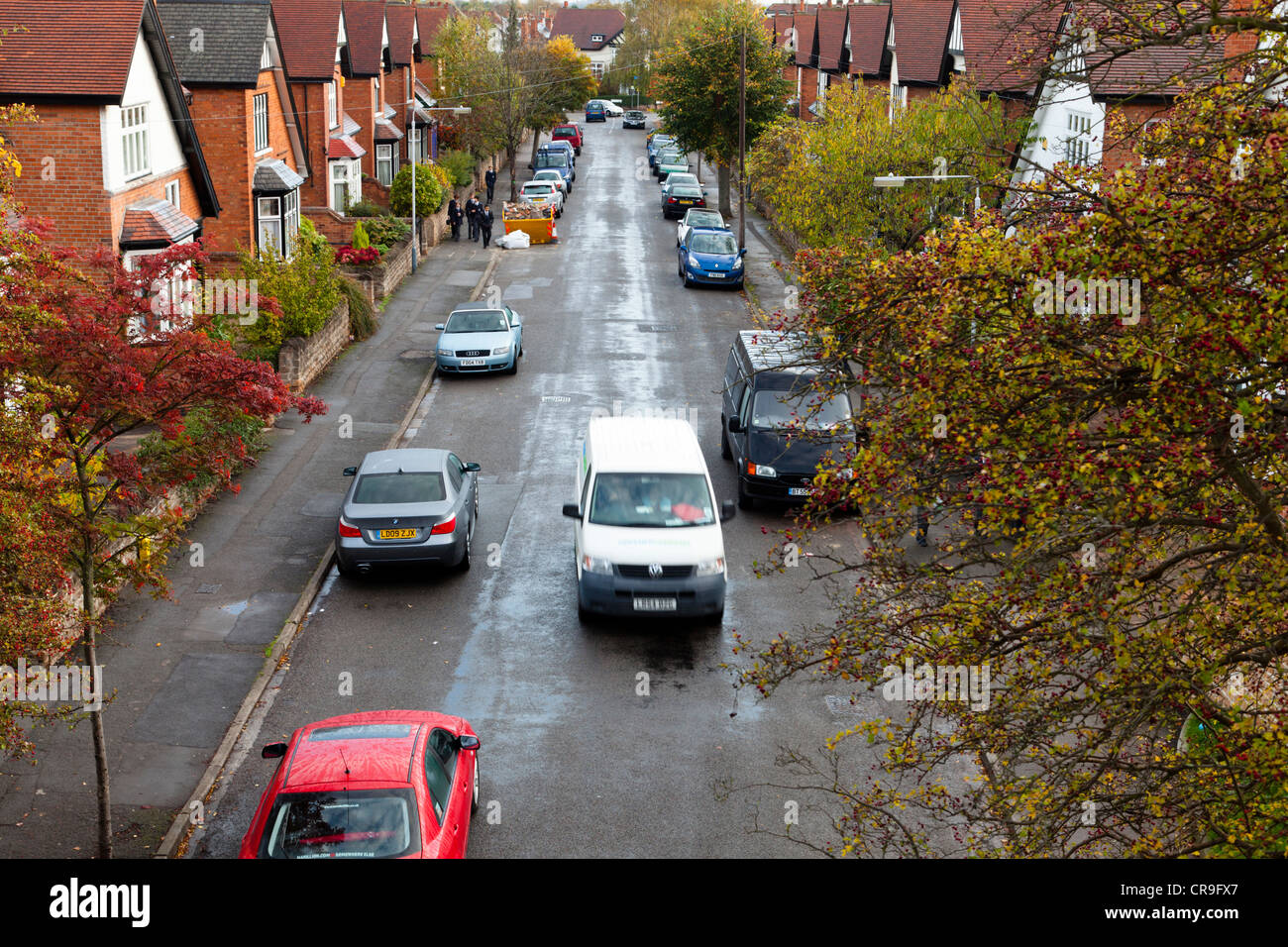 UK suburbs. Looking down at houses and roadside parking on a typical residential street, West Bridgford, Nottinghamshire, England, UK Stock Photo