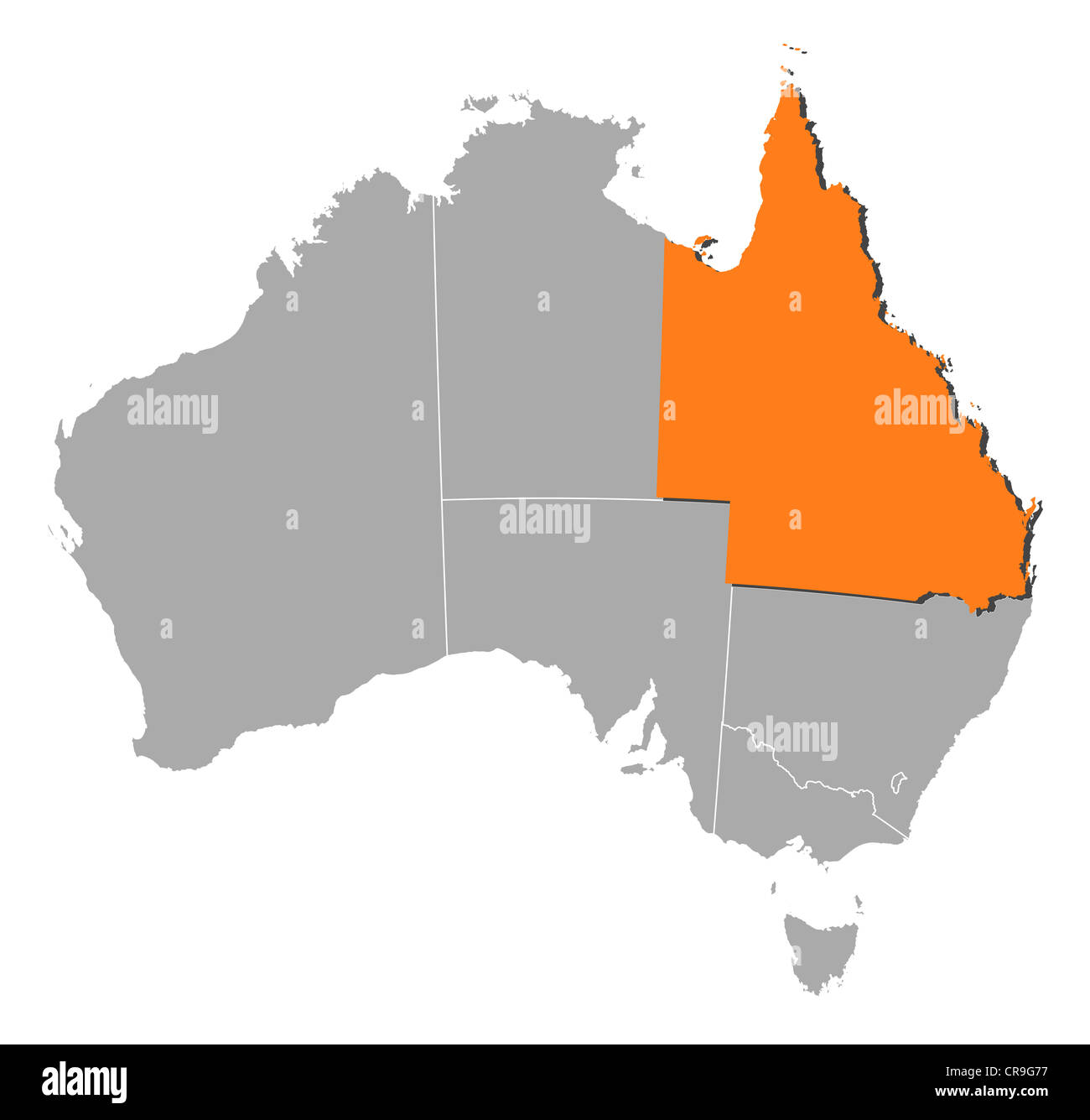 Political map of Australia with the several states where Queensland is highlighted. Stock Photo