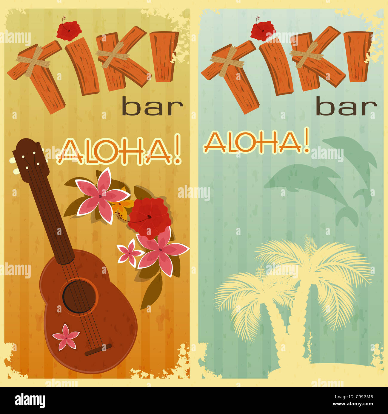 retro cards for Tiki bars, Hawaiian party, two postcards in vintage