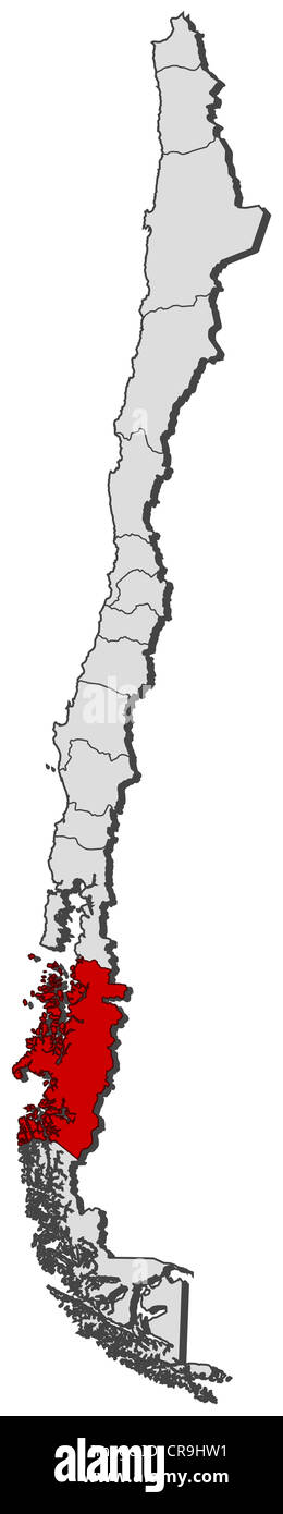 Political map of Chile with the several regions where Aisén is highlighted. Stock Photo