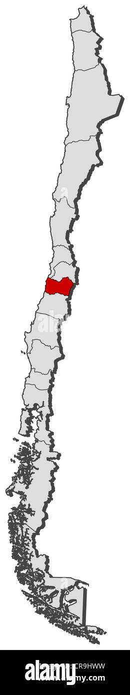 Political map of Chile with the several regions where O'Higgins is highlighted. Stock Photo