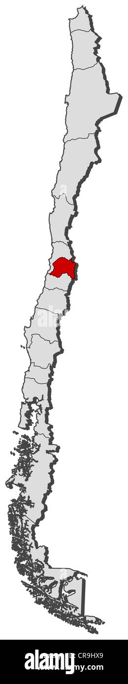 Political map of Chile with the several regions where Metropolitan Region is highlighted. Stock Photo