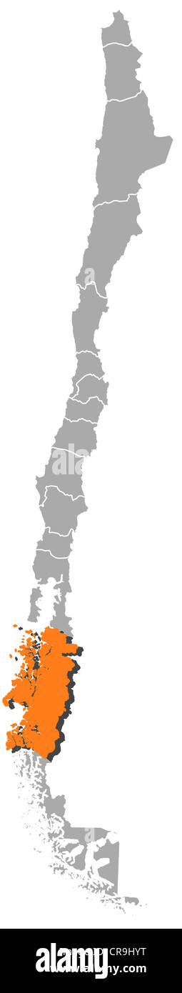 Political map of Chile with the several regions where Aisén is highlighted. Stock Photo