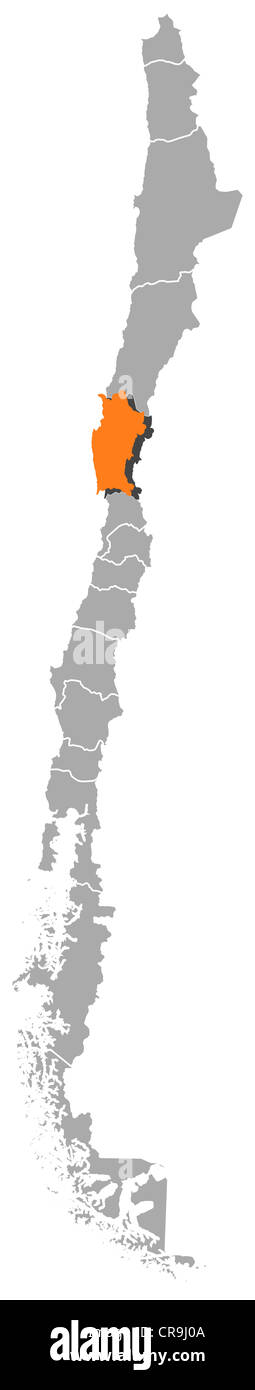 Political map of Chile with the several regions where Coquimbo is highlighted. Stock Photo