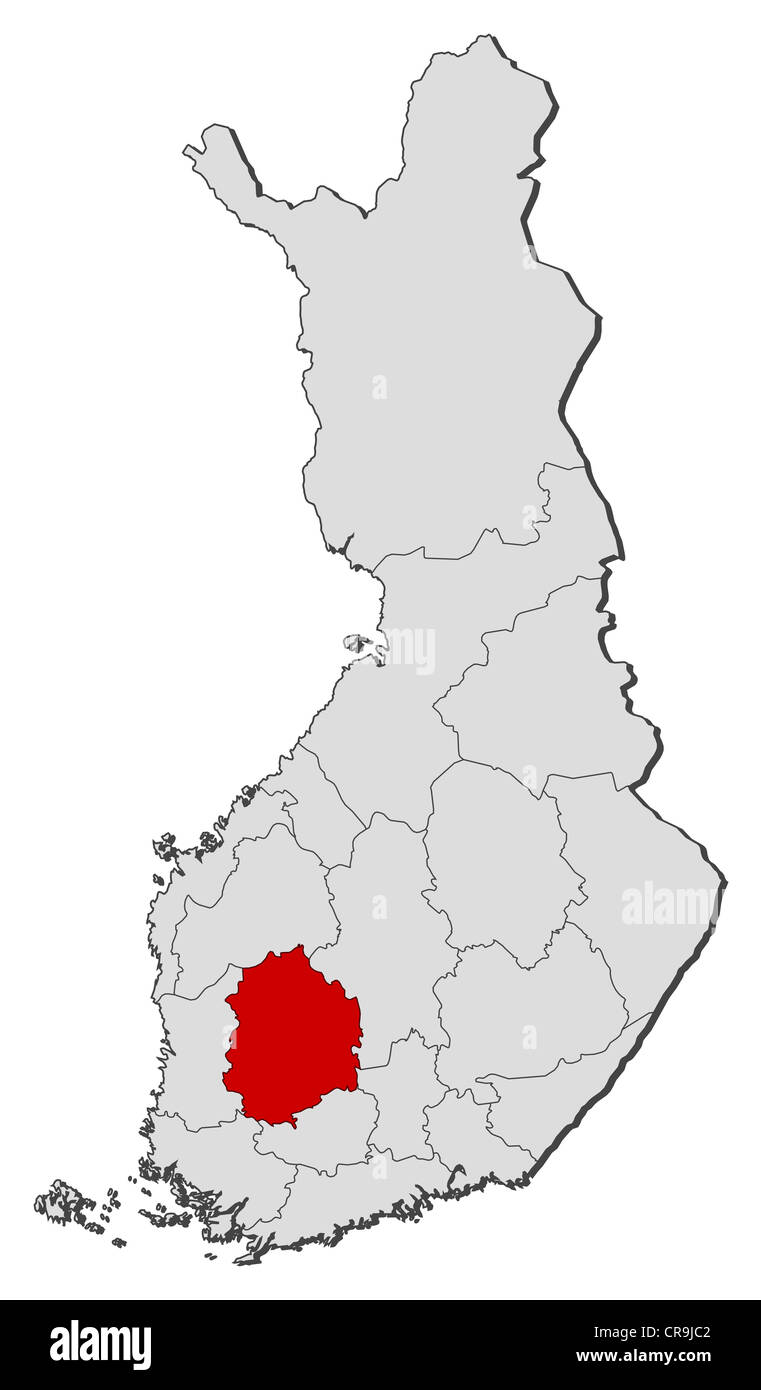 Political map of Finland with the several regions where Pirkanmaa is highlighted. Stock Photo