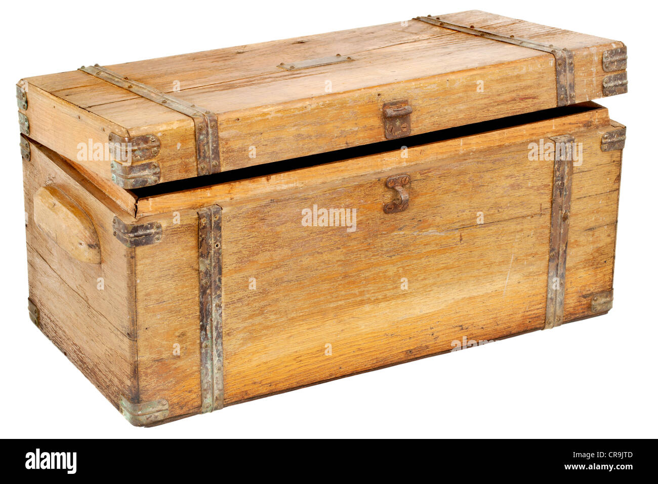 vintage wooden chest or toolbox with brass hardware isolated on white Stock Photo