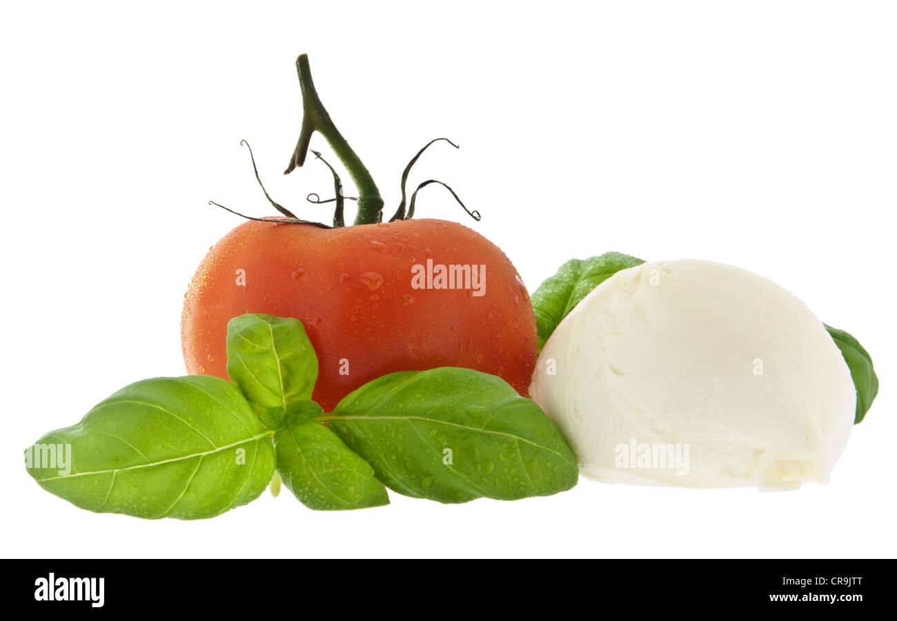 Mozzarella cheese, tomato and fresh basil isolated on white (with