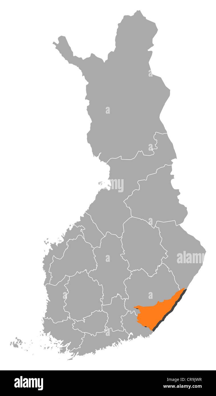 Political map of Finland with the several regions where South Karelia is highlighted. Stock Photo