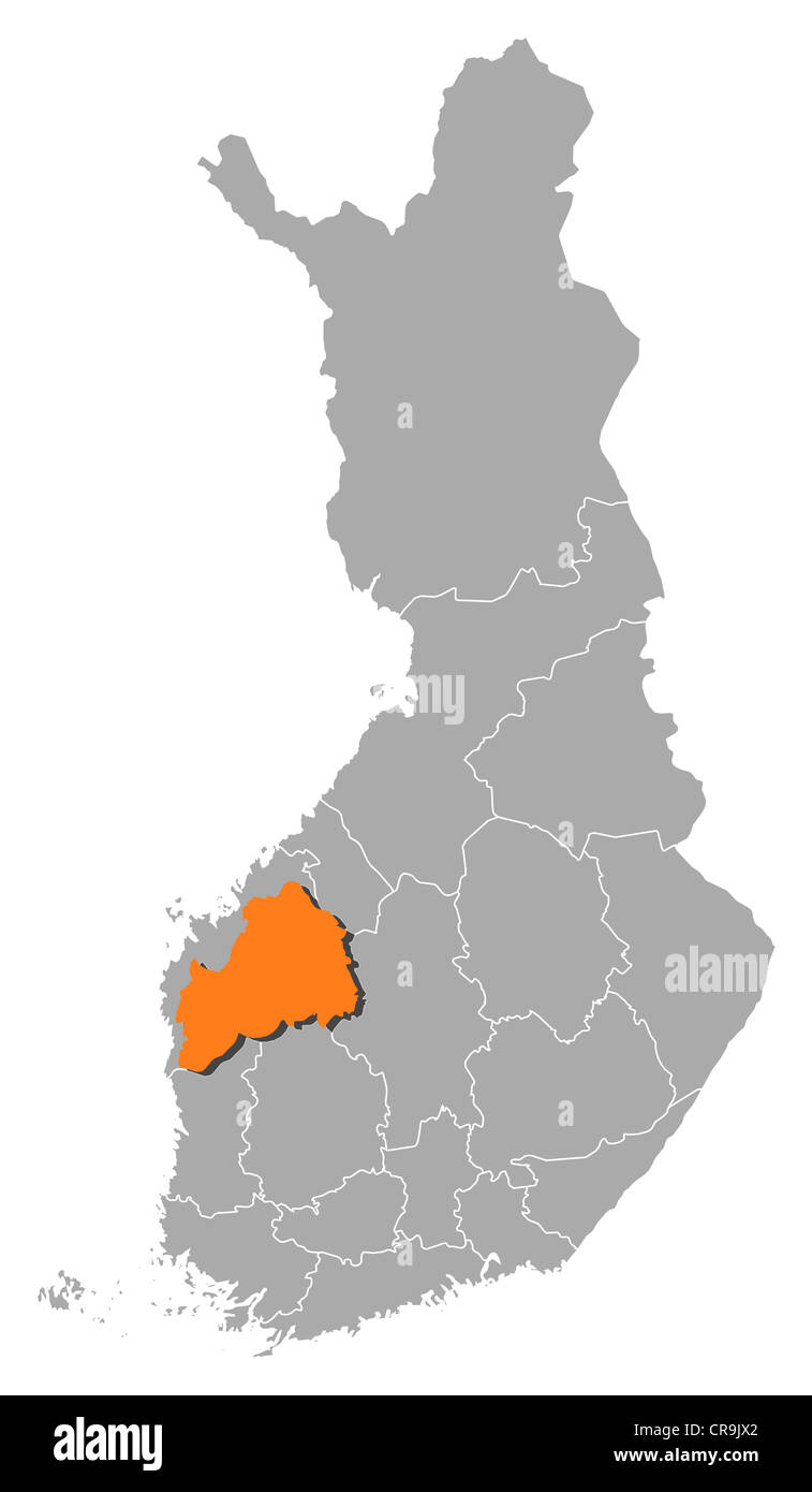 Political map of Finland with the several regions where Southern Ostrobothnia is highlighted. Stock Photo